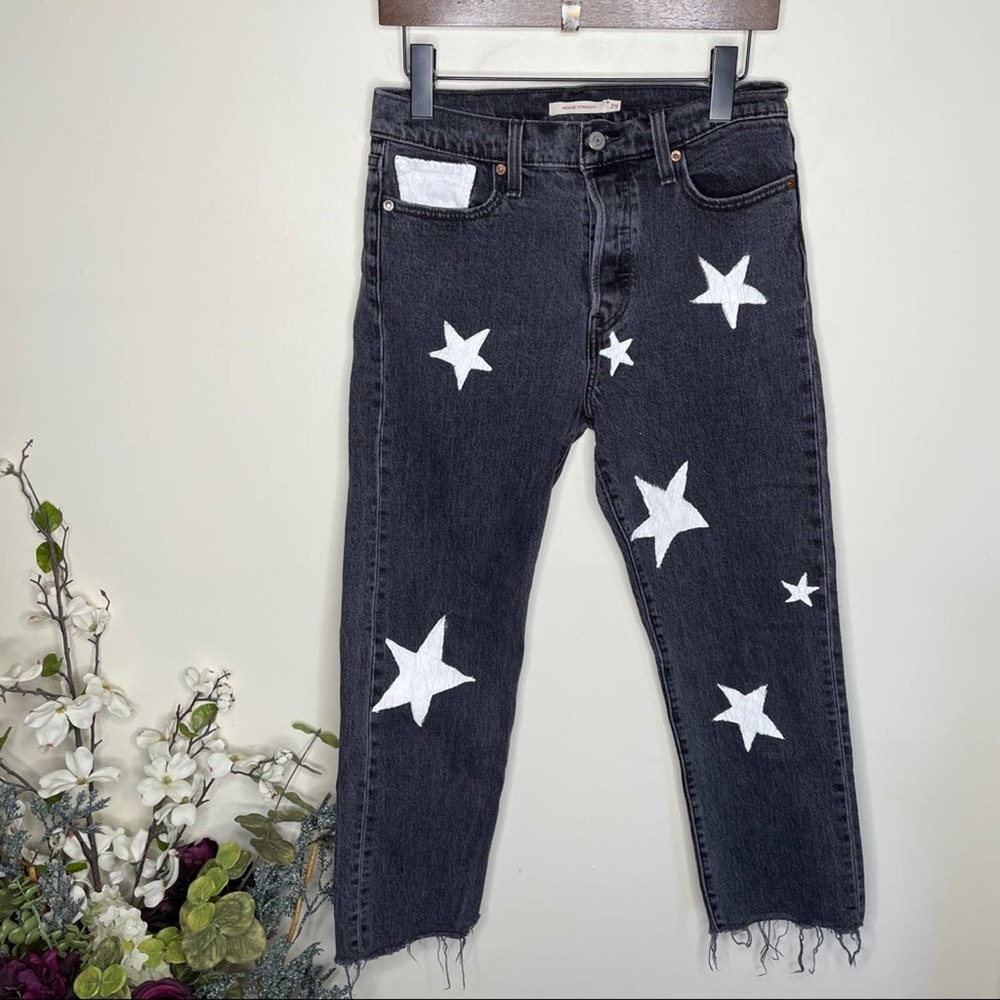 LEVI'S Wedgie Straight Raw Hem Jeans That Girl Painted Stars Custom {Q53}